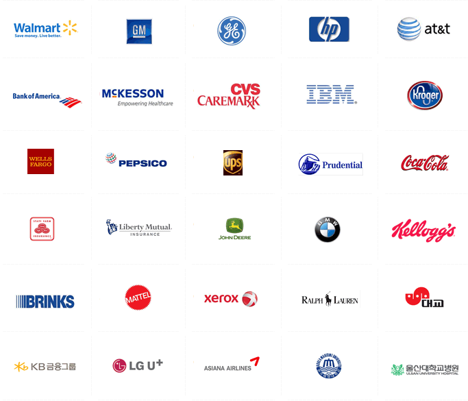 도입사례 목록 : Walmart,GM,hp,at&t,Bank of America, McKesson, CVS caremark, IBM, Kroger, Wells Fargo, PEPSICO, ups, Prudencial, CocaCola, Liberty Mutual, John Deere, BMW, Kellogg's, BRINKS, MATTEL, XEROX, RALPH LAUREN, 대교, KB금융그룹, LG U+, ASIANA AIRLINES, 울산대학교병원